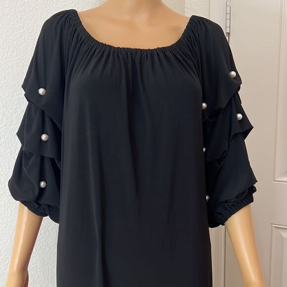JBS Woman Dress Size 1X Scoop Elastic Neck On Off Shoulder Black White Pearls - Picture 3 of 8